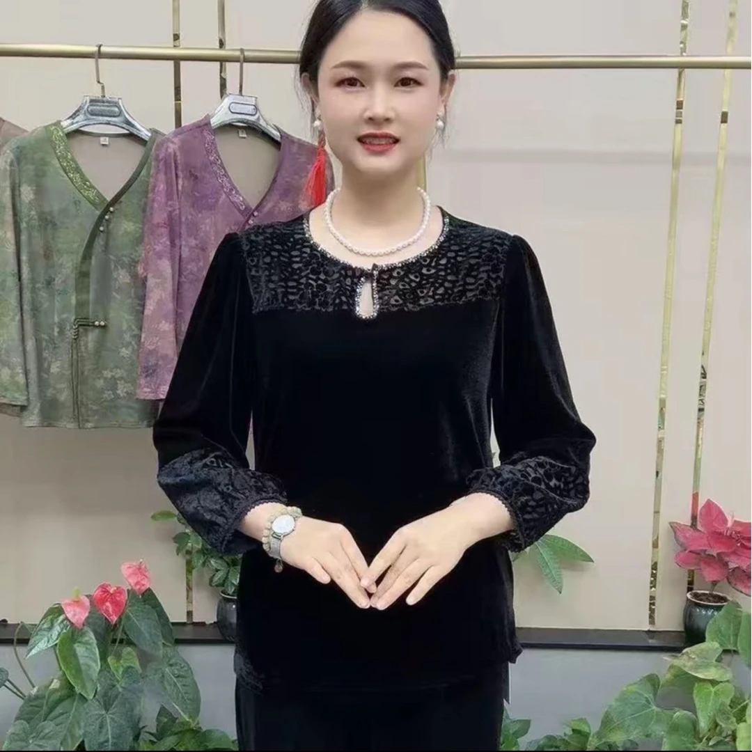 秋季中老年妈妈女装纯色宽松拼接水滴领长袖时尚气质显瘦高级