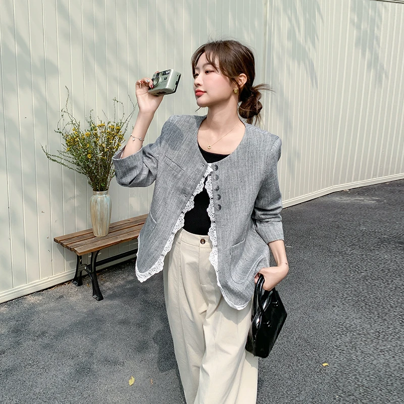 时尚韩版气质休闲蕾丝花边拼接灰色西装外套女2025年感洋气小西服