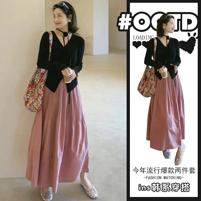 2025夏时尚气质v领黑色显瘦上衣+高腰遮胯中长裙少女夏季休闲套装