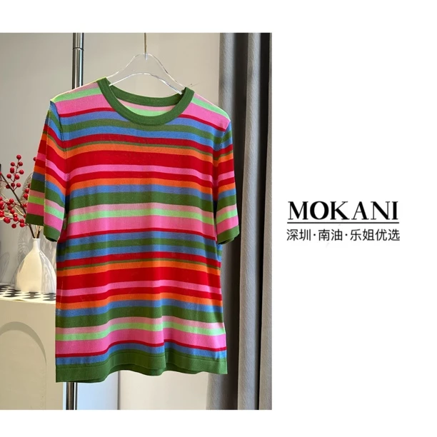 乐姐优选 | 「彩虹游乐园」超弹显瘦彩色条纹针织短袖 S031901