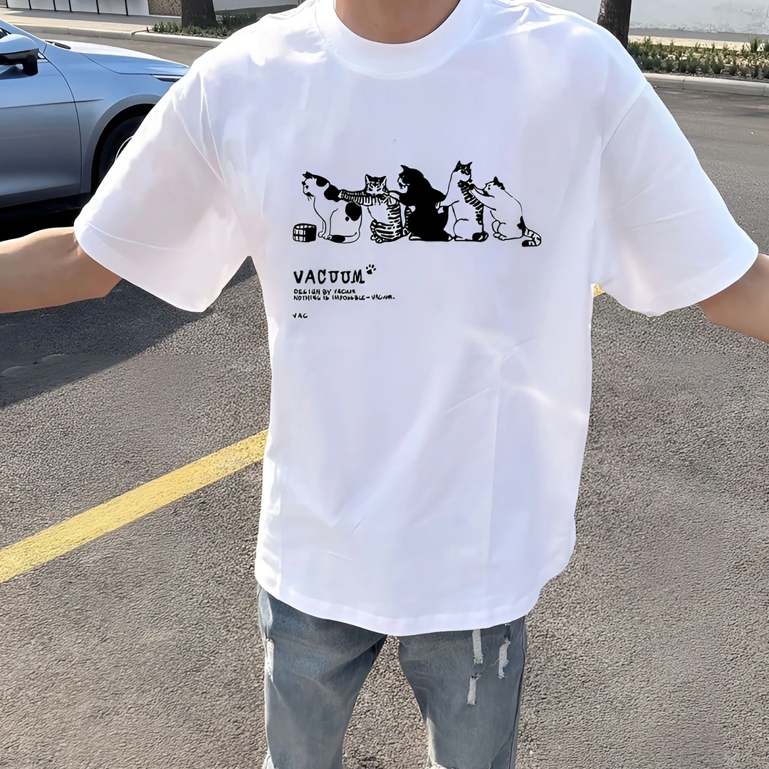美式潮流猫咪印花重磅纯棉T恤宽松夏季休闲圆领男女半袖上衣