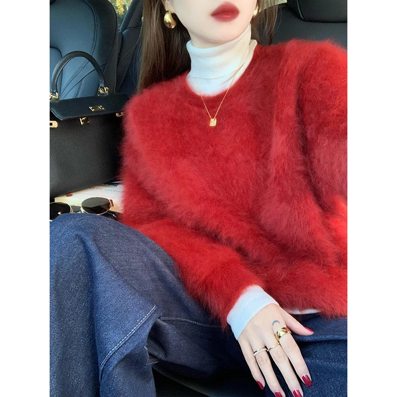 巨推荐，上身绝美！新年复古红色套头毛衣女秋冬季加厚软糯针织上衣