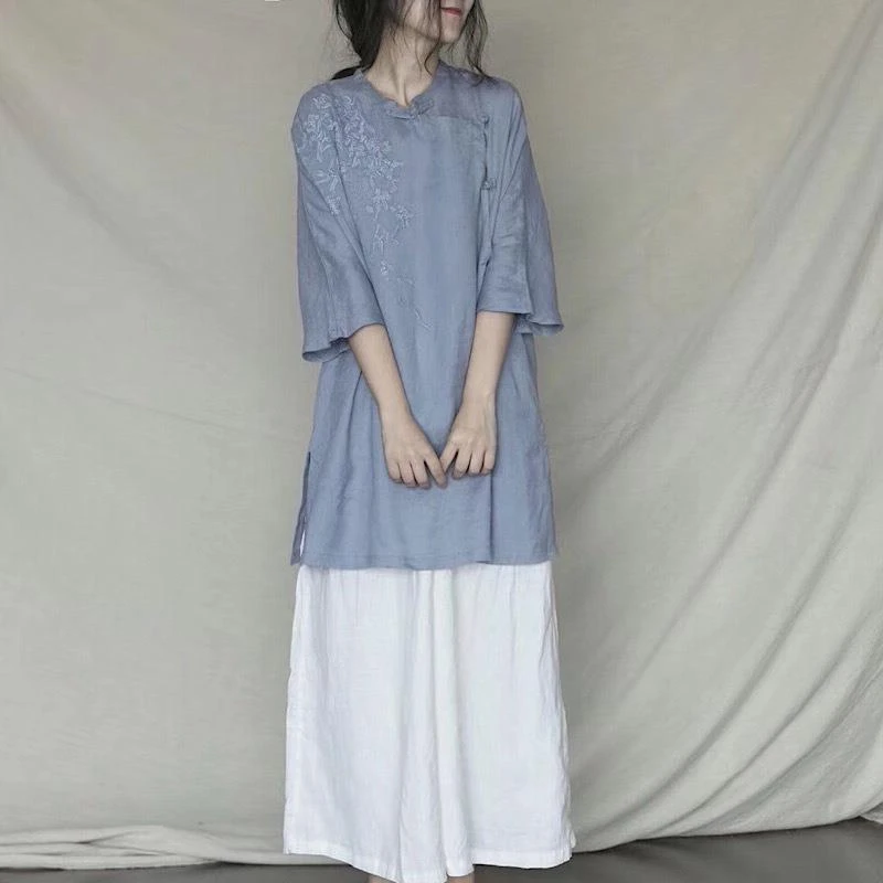 品牌专柜撤柜清仓尾货女中式改良盘扣苎麻茶服中长款亚麻刺绣上衣