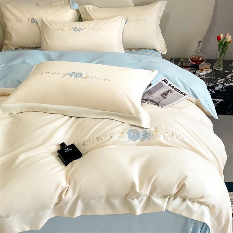 【青柠】2025新款纯色轻奢水洗棉江南苏绣四件套可机洗床单床笠被套