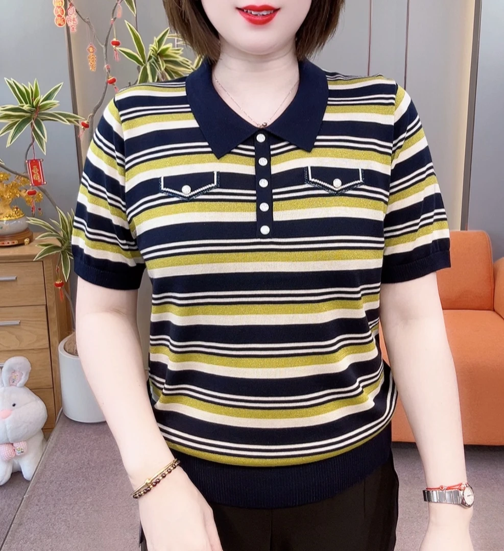2025 夏季新款小翻领天丝条纹半袖26009