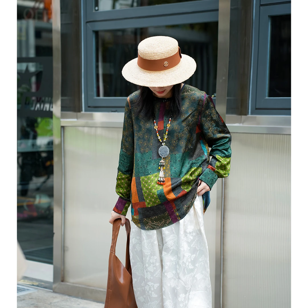 【云娘原创】B50149国风新中式圆领桑蚕丝植物染格纹时尚百搭上衣