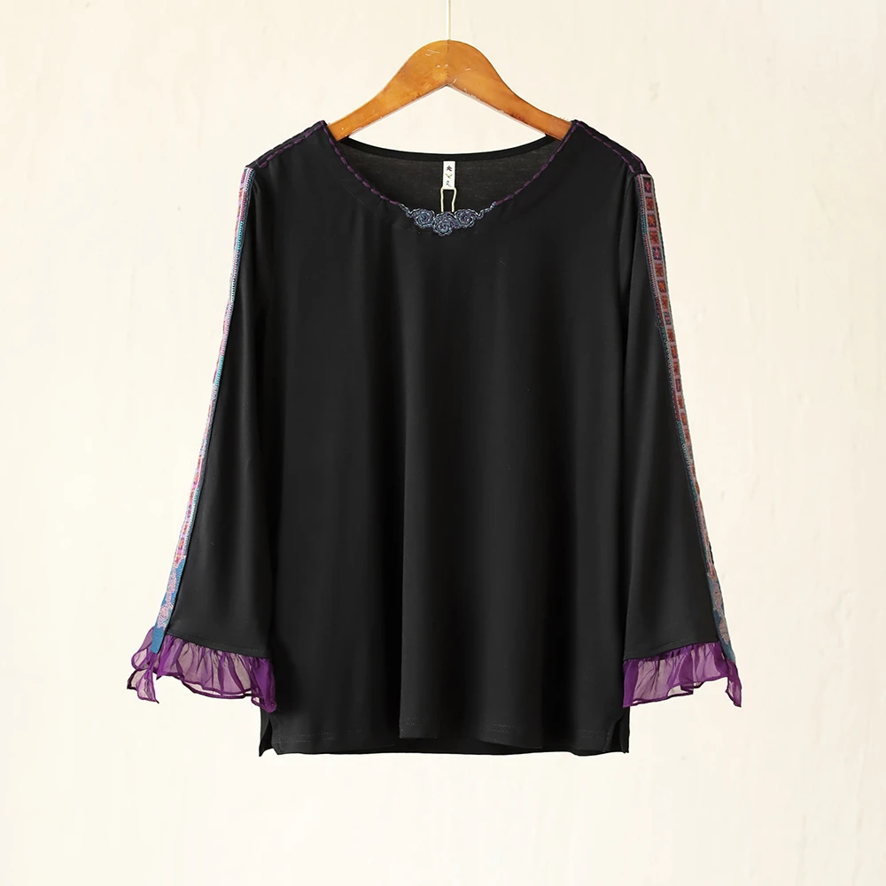 新中式国风圆领黑色重工刺绣长袖打底上衣231124