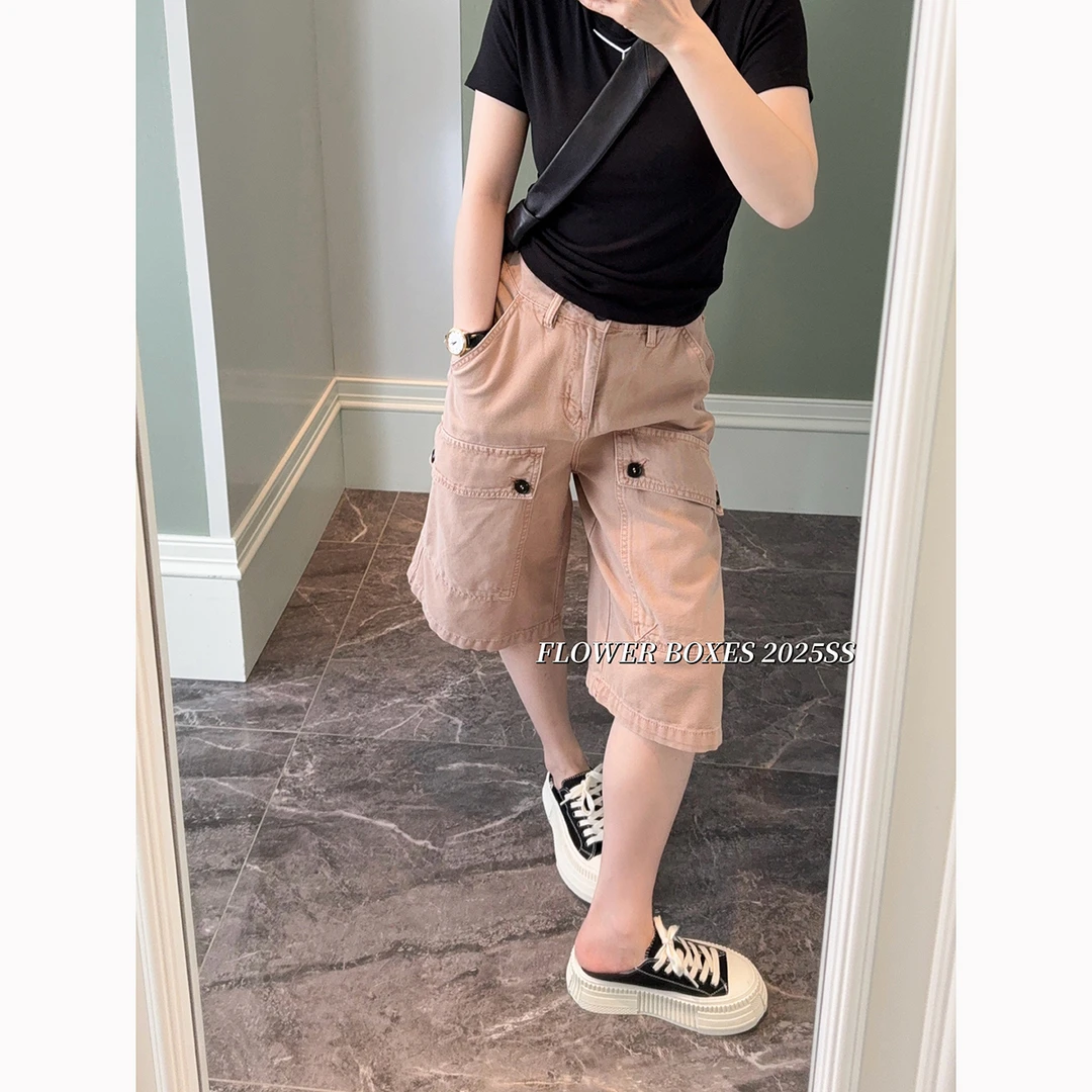 花匣子牛仔裤官方旗舰店2025夏季新款爆款浅粉色五分工装裤66263