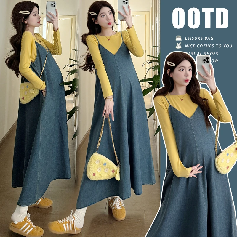 孕妇连衣裙2025新款孕妇装春季新款减龄吊带连衣裙牛仔裙两件套