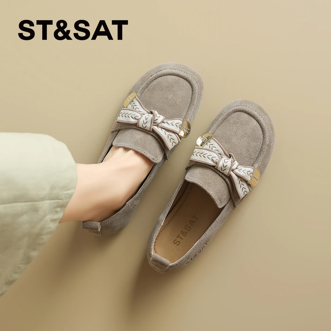星期六平底勃肯鞋女秋冬2025新款软底加绒豆豆鞋蝴蝶结复古乐福鞋