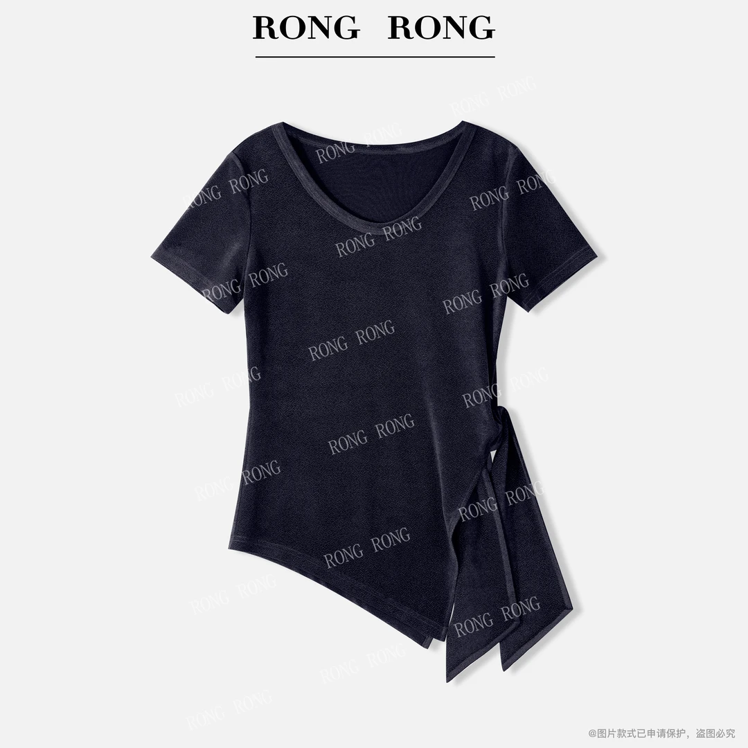 溶溶【简夏星眠】RONGRONG 酷纤不规则下摆绑带短袖T恤上衣T-B0023