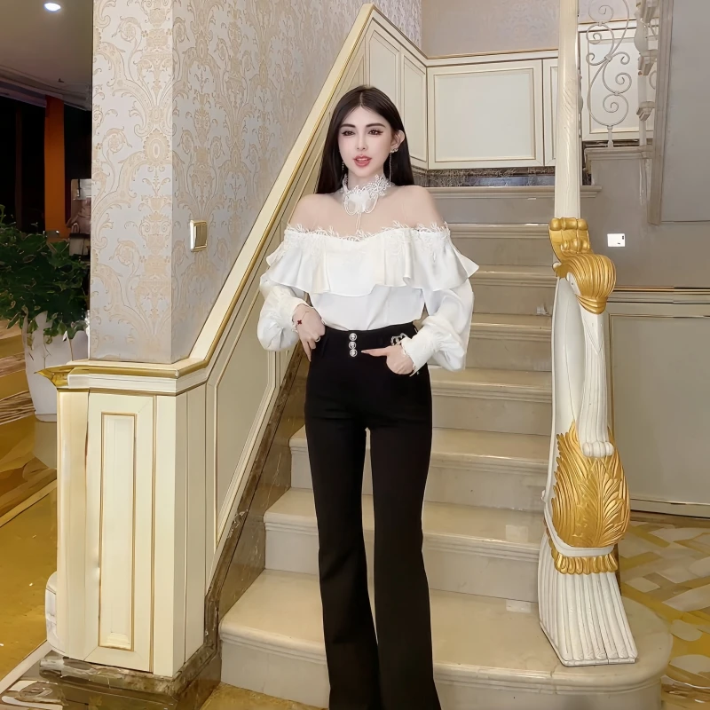 仙女风衬衫蕾丝拼接显瘦气质白茶玫瑰法式高级感一字肩优雅上衣女