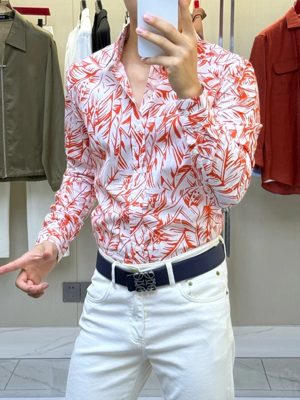 男士秋季潮流帅气碎花长袖衬衫高品质百搭时尚印花上衣衬衣网红