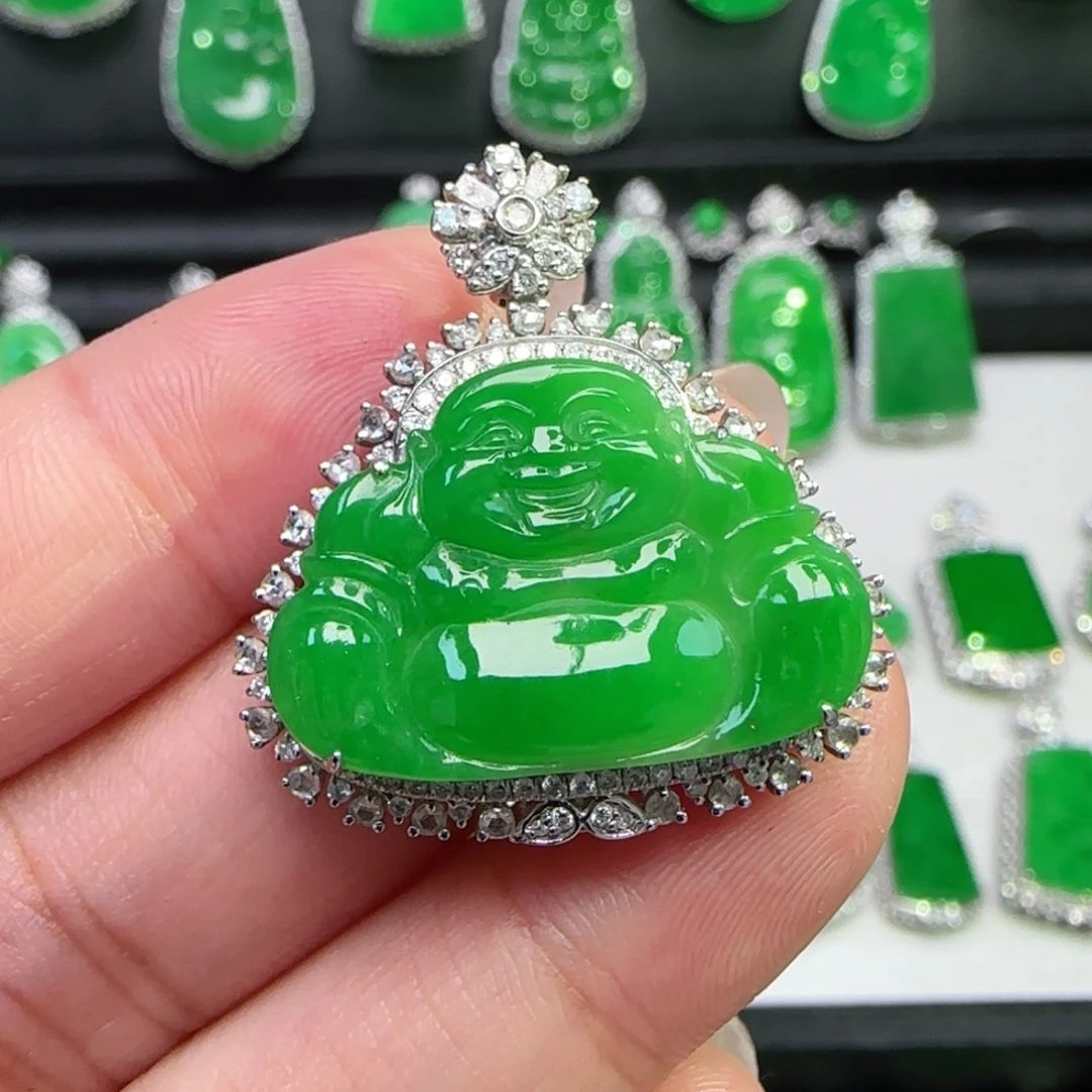 开***冉翡翠18K金镶嵌颈饰吊坠