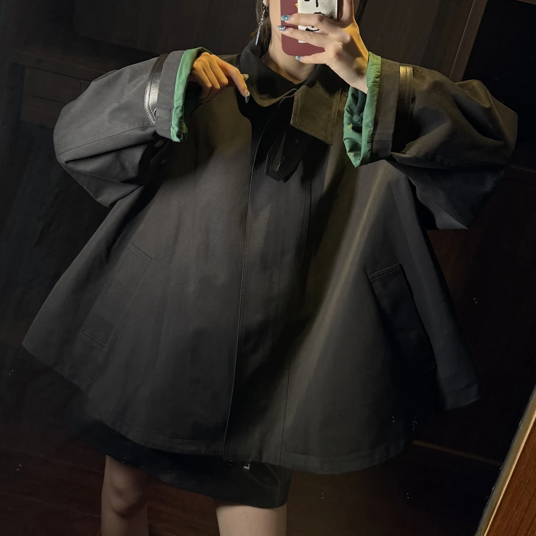 柏林少女！撞色黑绿拼真皮风衣外套！GZ6571