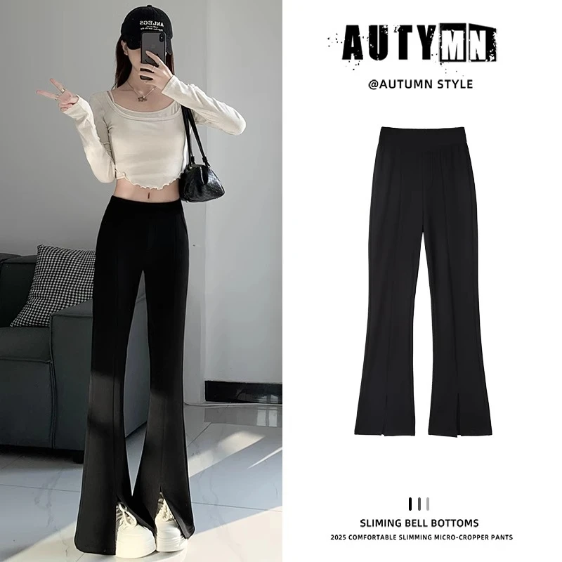 清新减龄~开叉微喇裤女薄款2025新高腰修身显瘦小个子西装喇叭裤