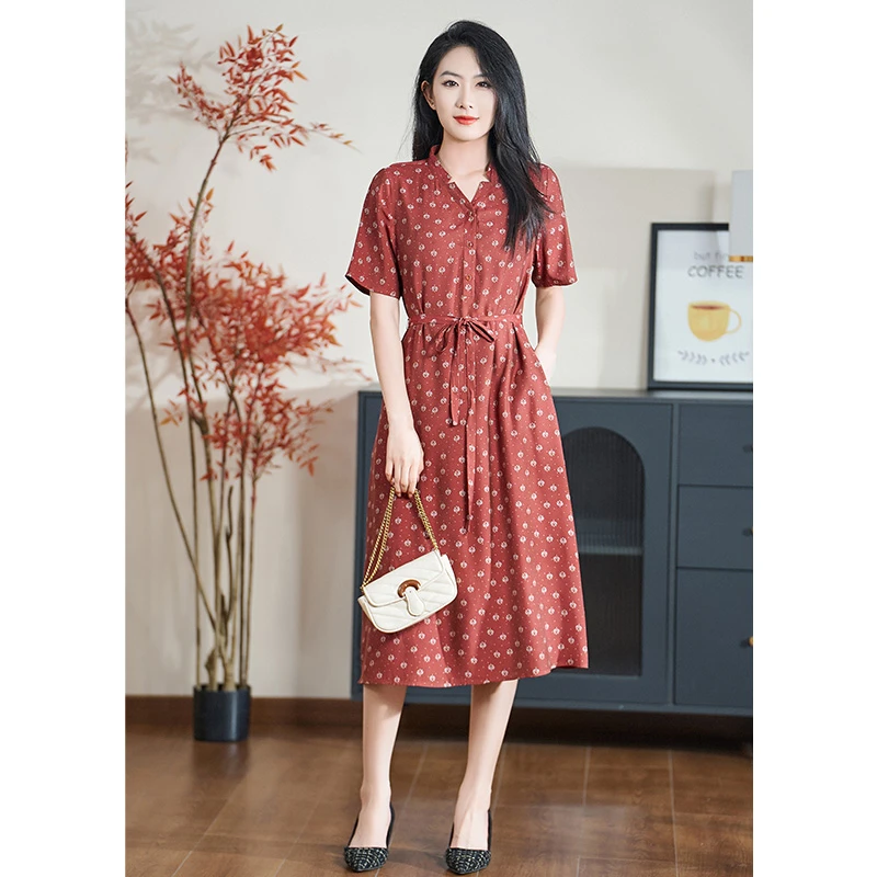 迪欧芙2025年春夏季新款橘红色碎花气质法式女装连衣裙#XLQ18028