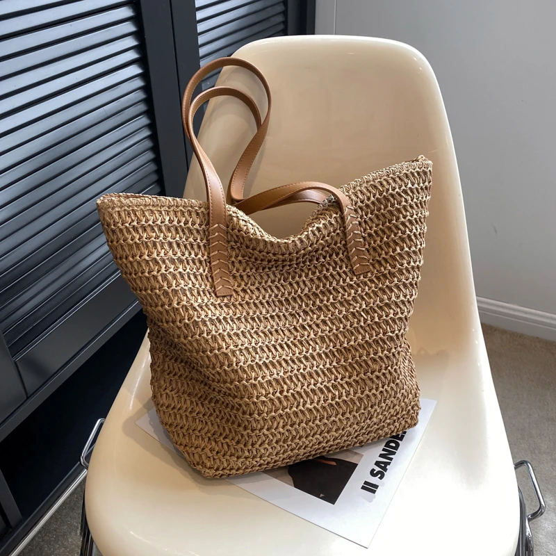 春夏简约大容量草编包包女2025新款百搭通勤单肩包爆款编织托特包