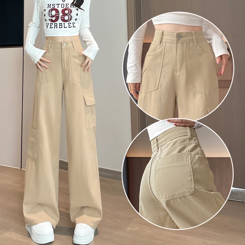 卡其色辣妹休闲工装牛仔裤女2025秋季新款小众设计感宽松阔腿裤子