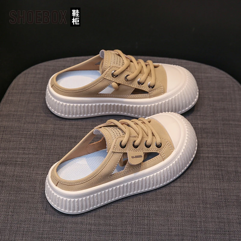 SHOEBOX鞋柜包头半拖鞋女2025新款夏季外穿镂空厚底懒人小白鞋