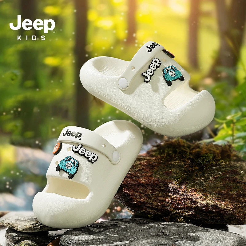 jeep男童包头拖鞋2025夏季儿童户外玩水沙滩鞋中大童白色运动凉鞋