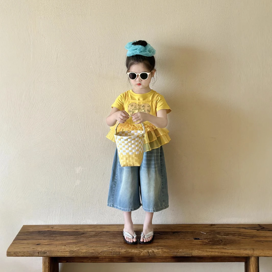 女童韩版套装2025夏新款儿童可爱kt猫短袖吊带纱两件套牛仔七分裤