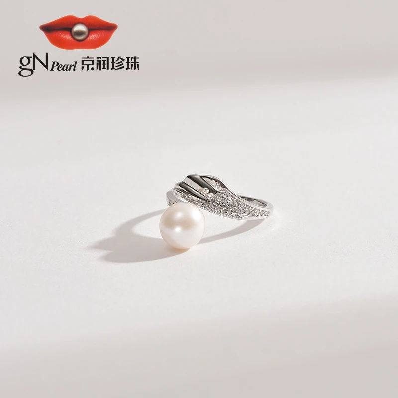 【gN】京润珍珠 途影银S925淡水珍珠戒指8-9mm白色圆形造型设计