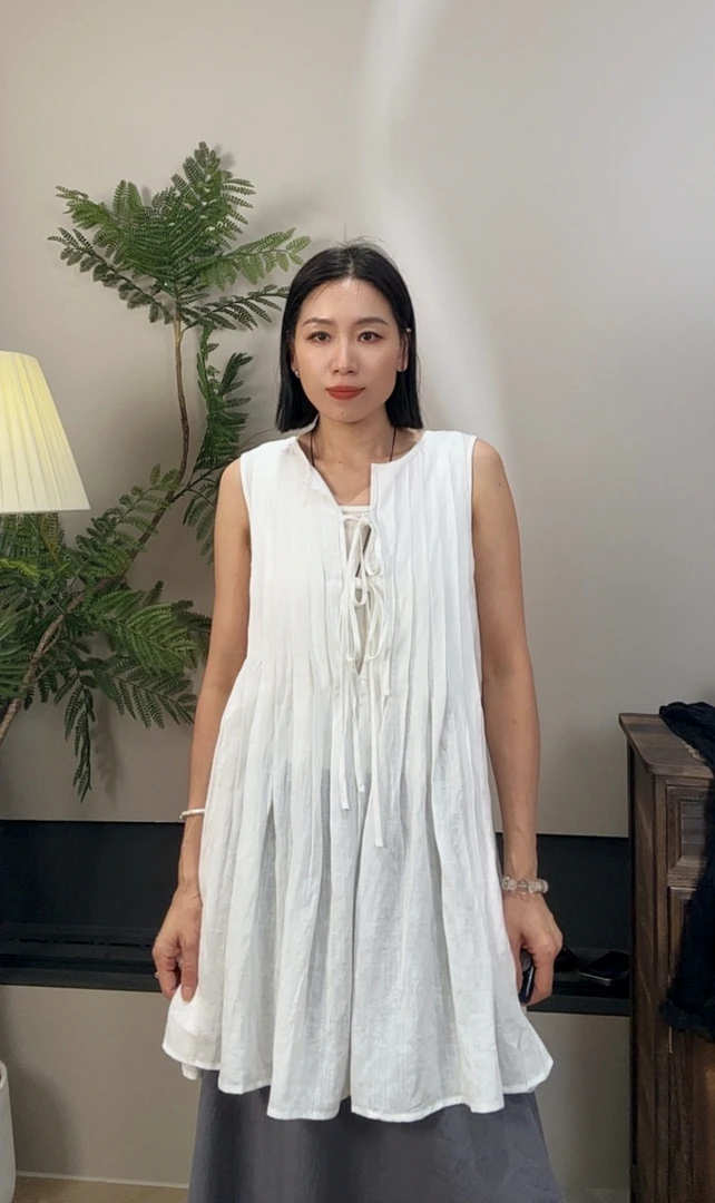 夏季时尚无袖百褶千层封面上衣不规则文艺抽绳设计师气质937