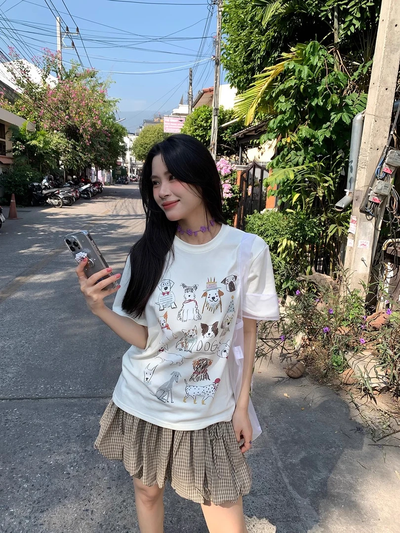 ONEXH·2025春季新款可爱小狗印花圆领短袖T恤女宽松韩系百搭上衣