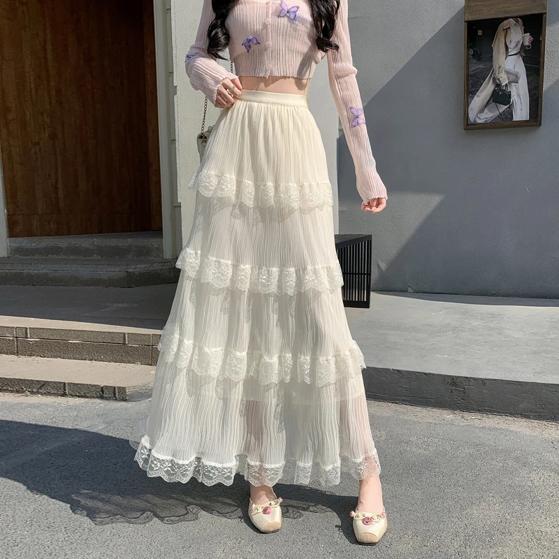网纱百褶显瘦半身裙女夏季2025新款高腰垂感a字伞裙大摆蕾丝长裙