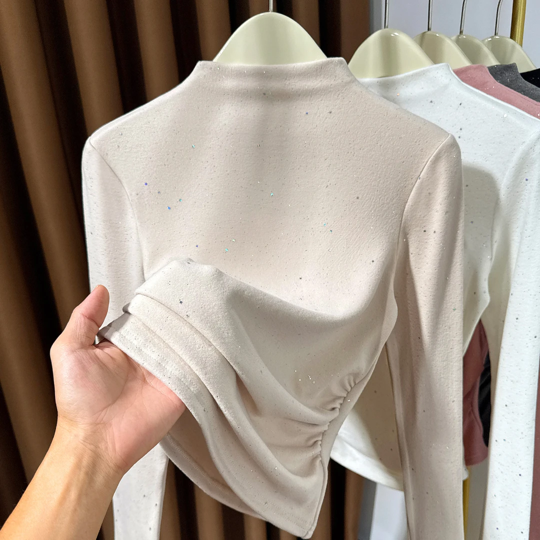 半高领亮片德绒长袖女秋冬褶皱内搭修身气质小衫高级感打底衫上衣