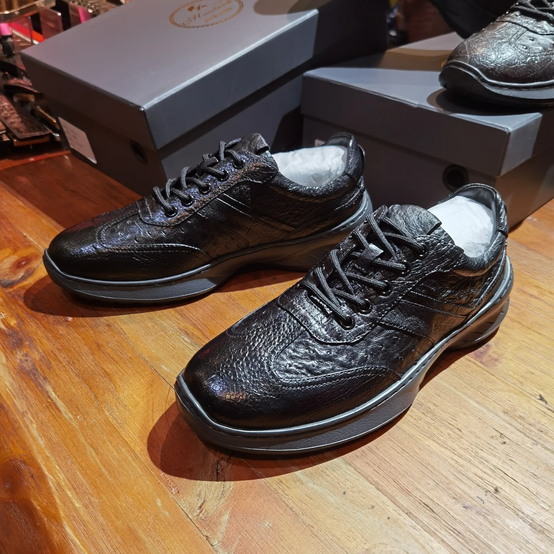 秋款鸵鸟皮男鞋 超级轻上脚舒适柔软q弹咖啡色黑色 鸵鸟皮休闲鞋