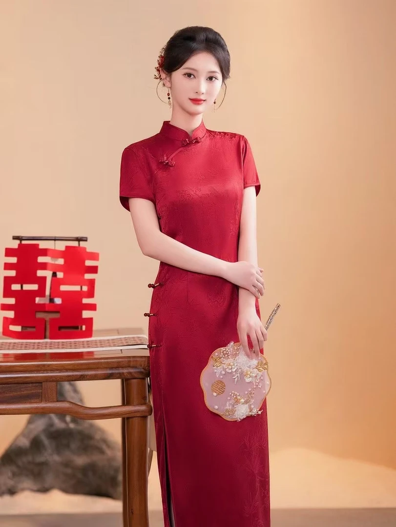 2025新款夏季升学高考喜妈妈提花醋酸酒红色旗袍裙修身长款短袖