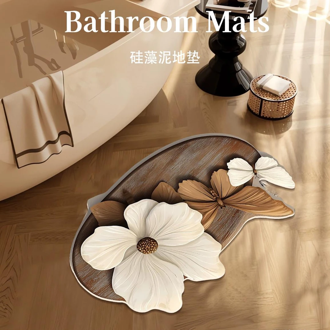 蝴蝶图案软硅藻泥地垫可裁剪浴室吸水地垫玄关入户地垫卫生间