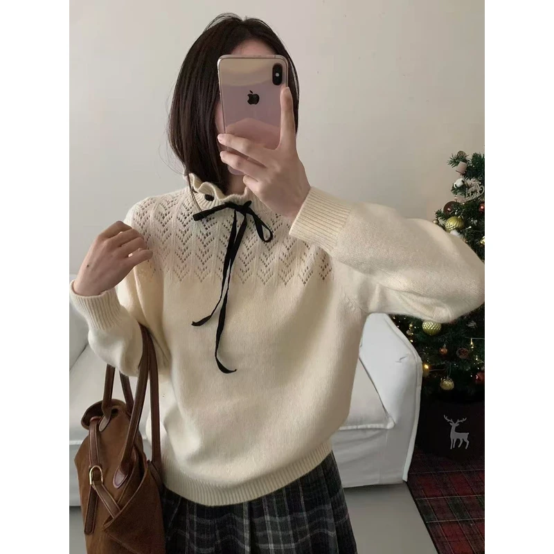 9720-3552 宽松红色毛衣荷叶领百搭针织衫毛衣