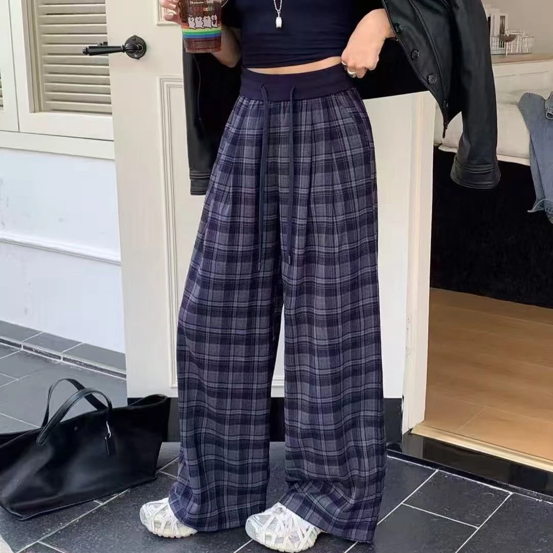 【韩衣舍】复古慵懒风格子阔腿直筒女裤夏季薄款松紧腰休闲长裤