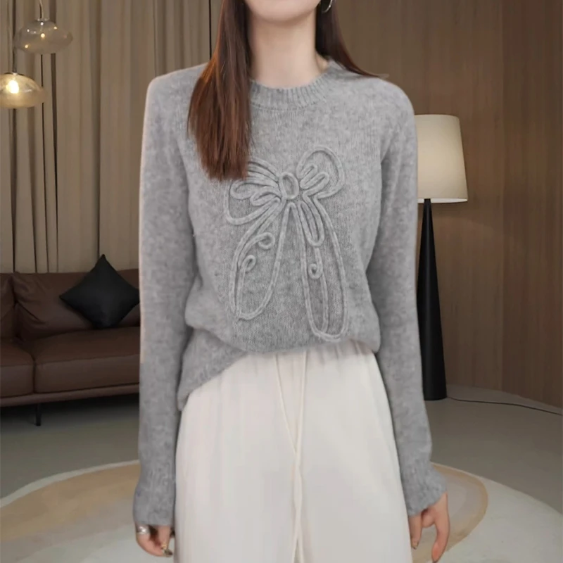 韩系慵懒风纯色圆领毛针织衫秋冬新款软糯舒适显瘦宽松长袖上衣潮