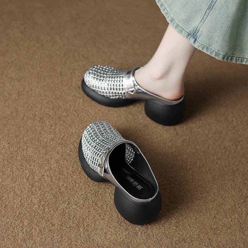 拾姑娘7126-10厚底个性时尚包头拖编织圆头百搭舒适拖鞋一脚蹬