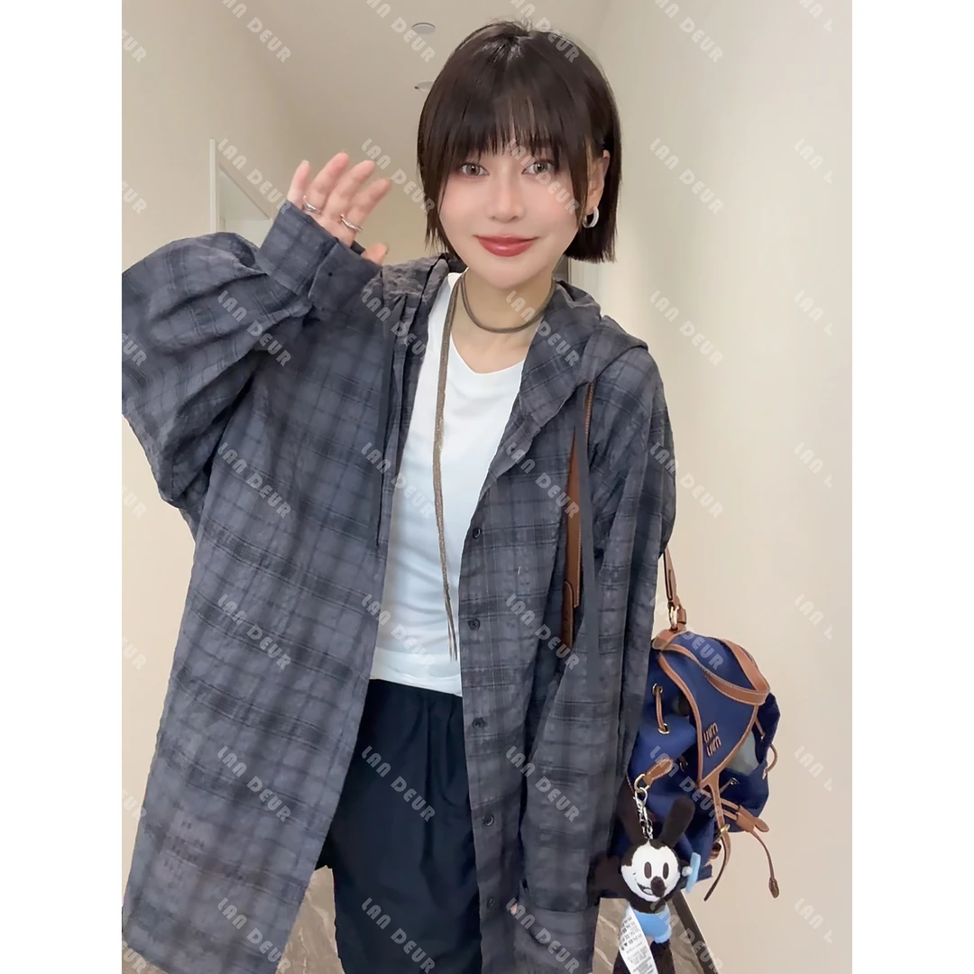 【一树梨花】小众灰紫色格子韩版连帽休闲气质薄款中长款衬衫女上衣