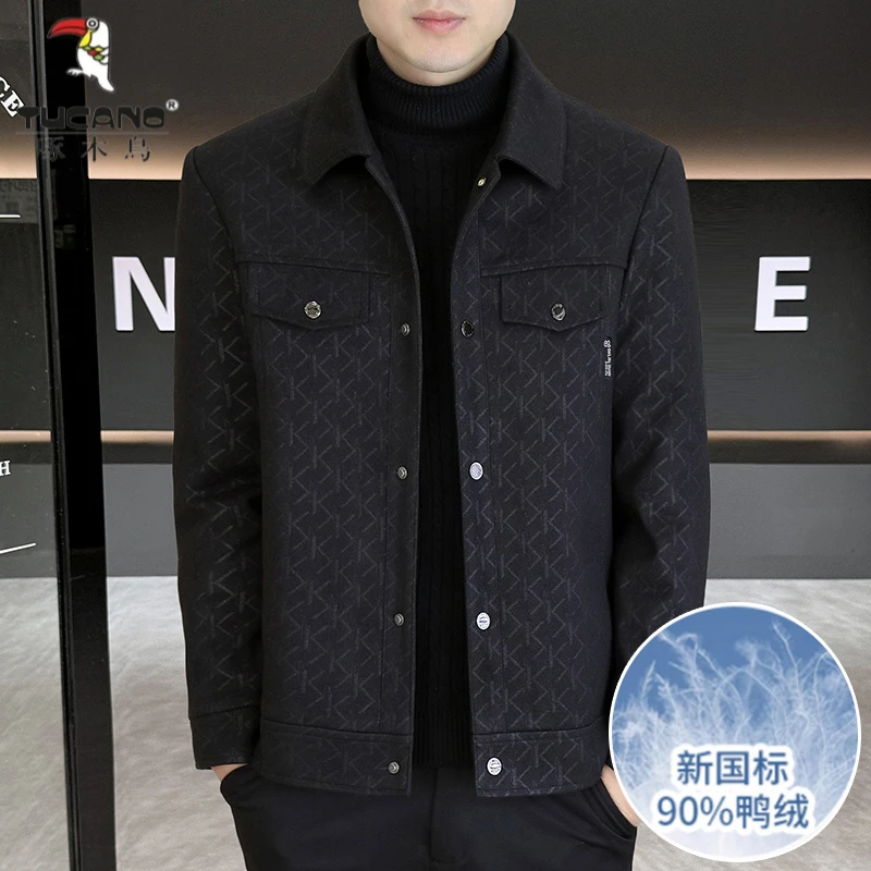 啄木鳥冬季商务男士毛呢羽绒服90白鸭绒休闲时尚翻领夹克羽绒服男