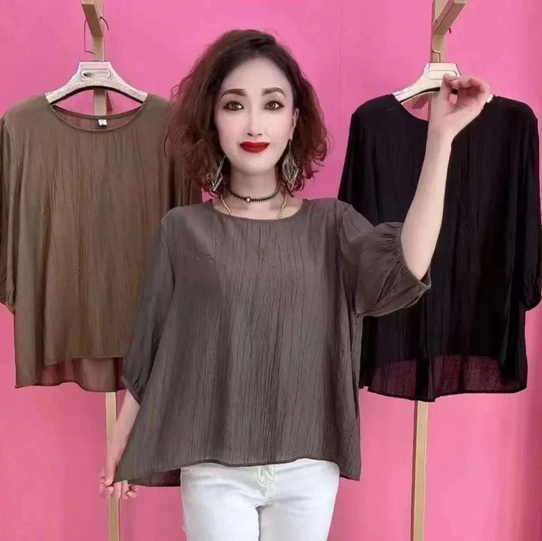 夏季薄款时尚显瘦圆领纹理减龄小衫