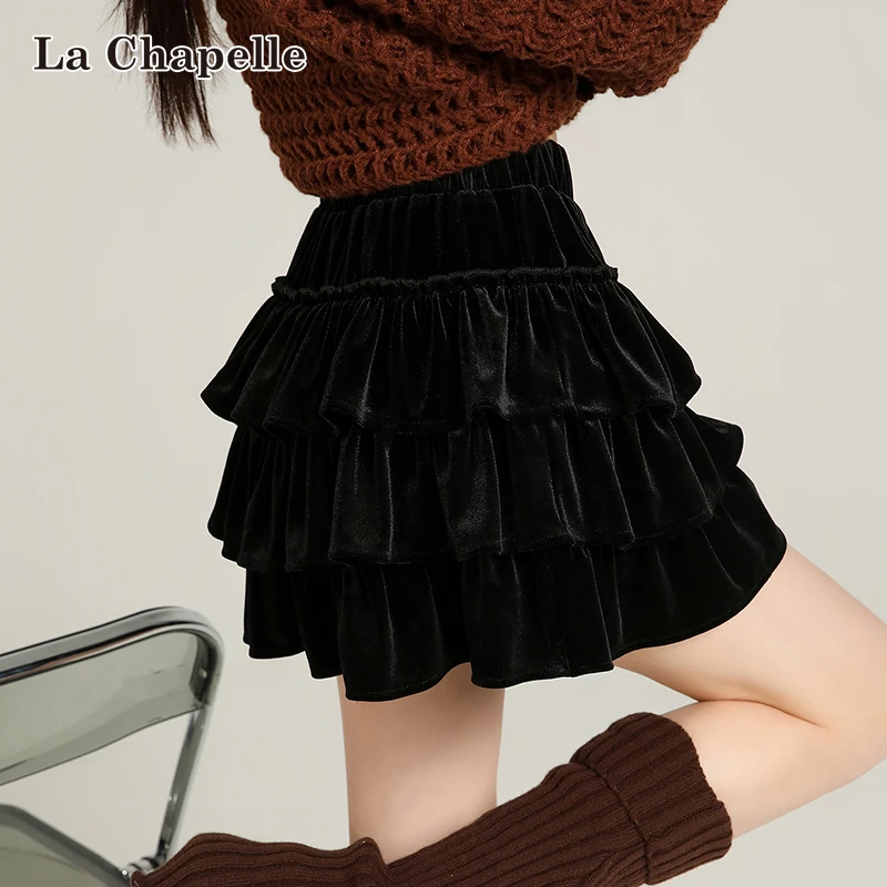 拉夏贝尔复古丝绒蛋糕半身裙女秋冬芭蕾风高腰显瘦A字蓬蓬短裙子