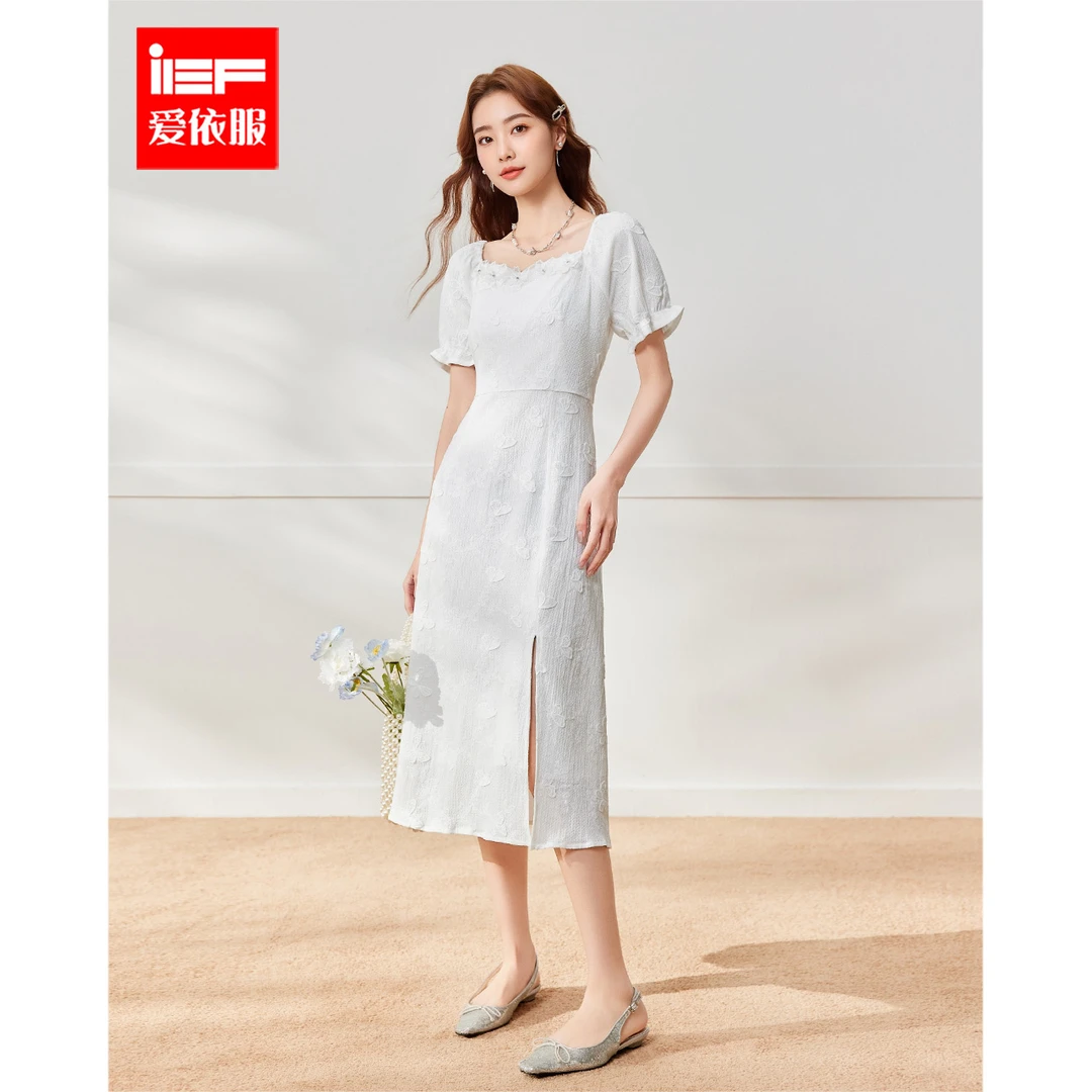 IEF/爱依服2025新款夏季梭织连衣长裙蕾丝刺绣法式收腰复古时尚