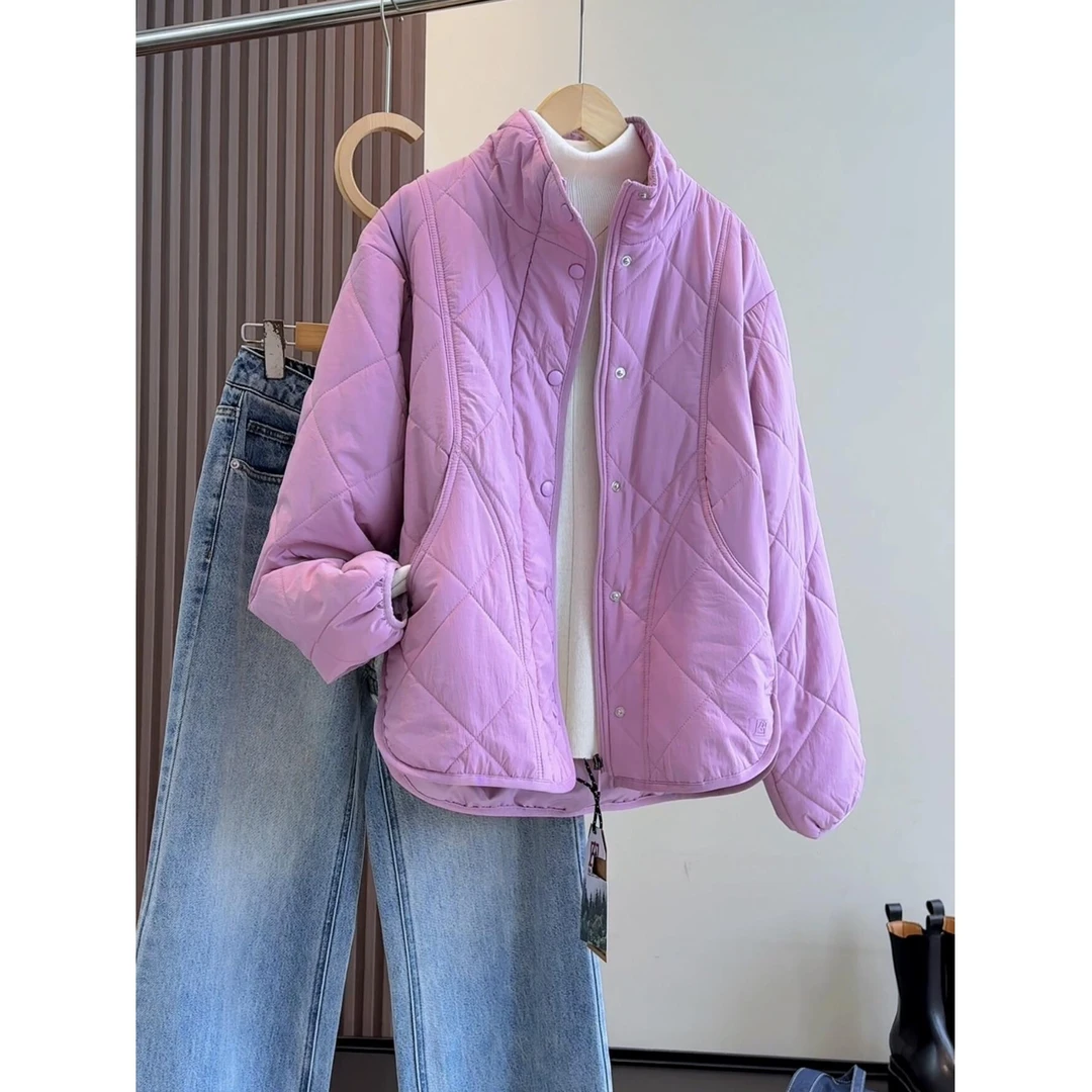 秋冬百搭！轻软舒适立领纯色宽松廓形菱格绗缝线薄款棉服