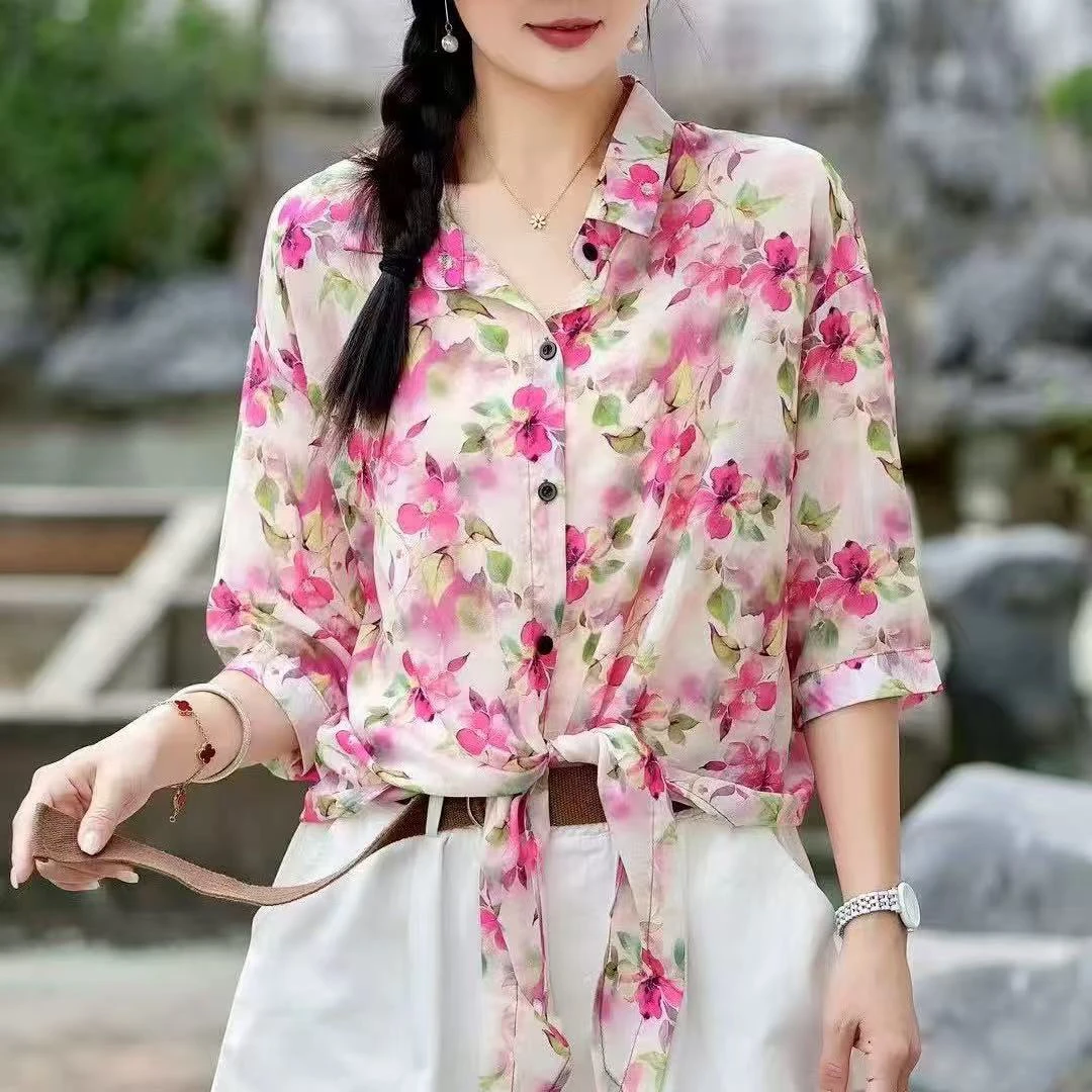 【好闺蜜】 57034新款碎花宽松复古中袖衬衫女气质薄款