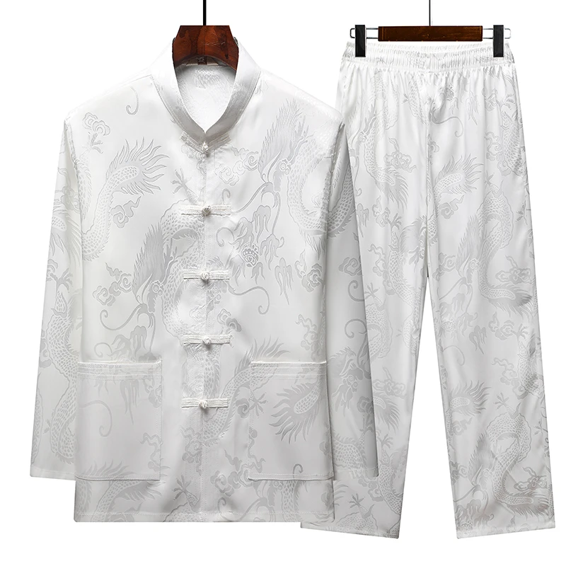 唐装男冰丝长袖套装春夏汉服中老年练功服爸爸男装老人爷爷太极服