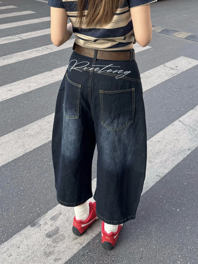 美式街头刺绣拼接弯刀牛仔七分裤女2025夏季新款垂感修身阔腿裤潮