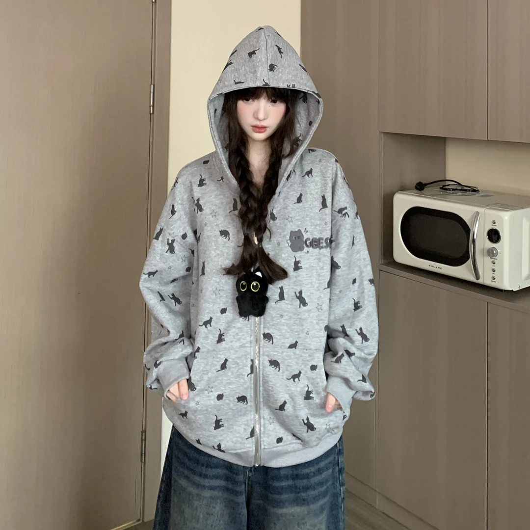 TOM潮 秋季连帽满印猫咪挂坠开衫卫衣短外套可爱学院风百搭基础潮