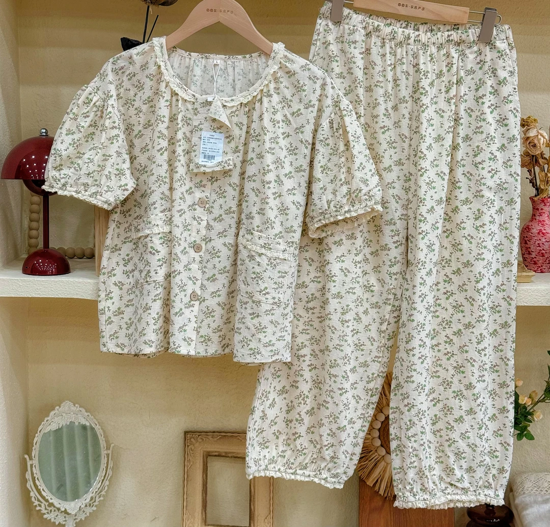 【花锦】棉麻短袖长裤套装 睡衣家居服