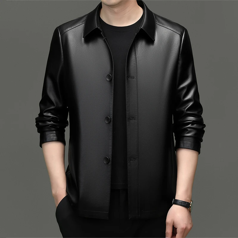 男士加绒加厚商务休闲手工纽扣真皮保暖翻领外套